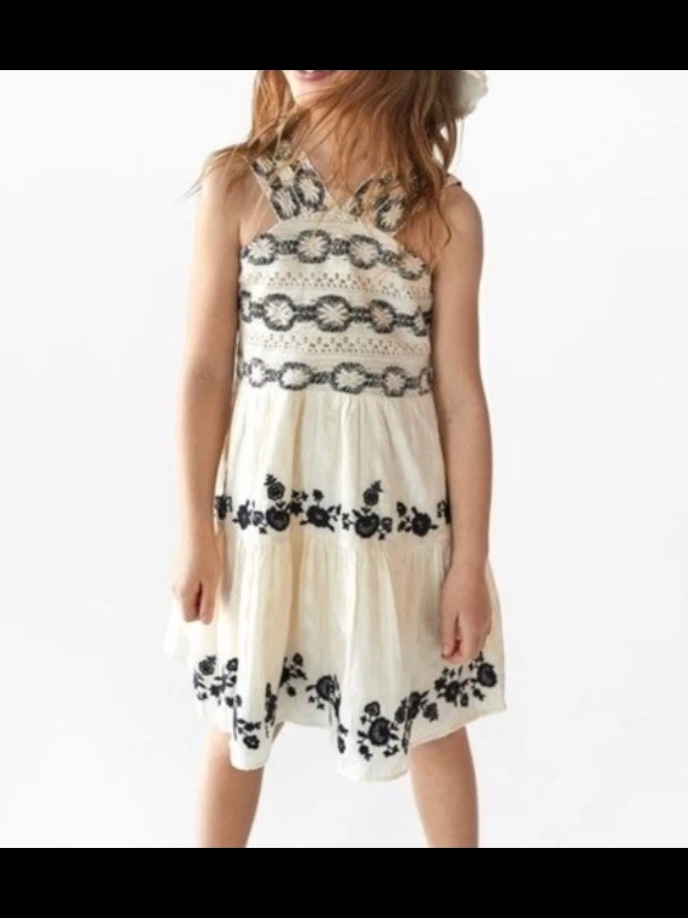 Zara Kids Girls Embroidered Boho Dress Size 11-12 Cream Black Cotton Whimsy